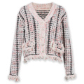 20ALW228 Tweed cardigan women knit sweater fancy yarn fringe tassels ladies cardigan